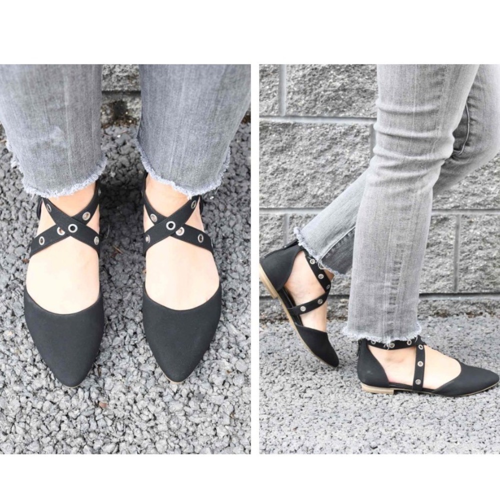 Dr. Scholls Adjust Moto Black Pointed Toe Grommet Strap Flats Shoes Womens 8